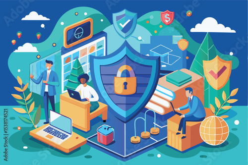 Digital security concepts with diverse professionals working collaboratively in a tech environment