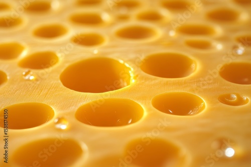 Close-up view of Swiss cheese with characteristic holes and smooth yellow texture, very appetizing.