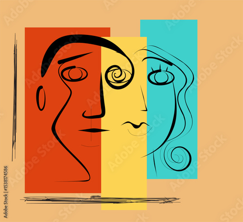 Abstract faces are depicted with simple lines and shapes, layered over three rectangular color blocks in red, yellow, and blue. minimalist design