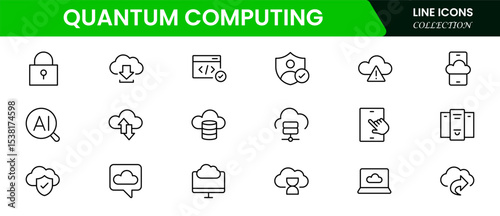 Futuristic vector web line icons depicting quantum computing, qubits, algorithms, processing power, and innovative tech for advanced computational solutions.