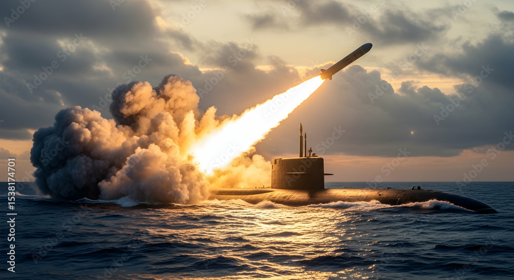 Fototapeta premium Submarine launching a missile at sunset