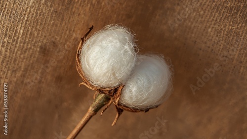 Cotton flower close up on brown fabric background