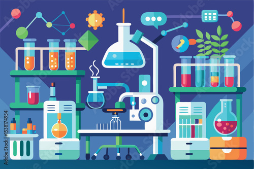 Laboratory equipment and science tools in a colorful design for education and research purposes