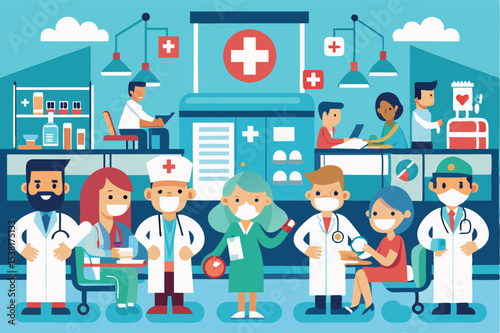 Healthcare professionals engage in varied activities within a vibrant medical facility during daytime