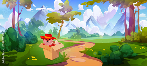 Whimsical forest scene with fox wearing red hat sitting in cardboard box near winding path through trees to mountains. Charming woodland character for storytelling, game design, educational content.