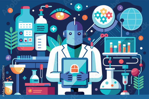 Robot scientist in a high-tech laboratory conducting research on artificial intelligence and robotics