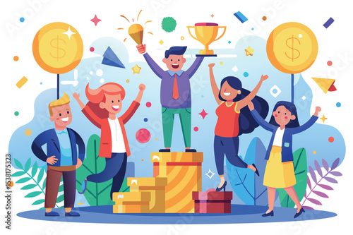 Celebration of success with joyful people in a colorful setting