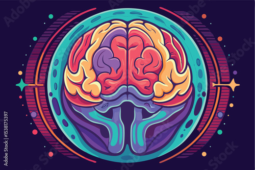 Brightly colored brain illustration featuring detailed neural structures and geometric designs for educational purposes