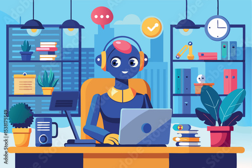 Robot working at a desk with technology in a city office setting during the day