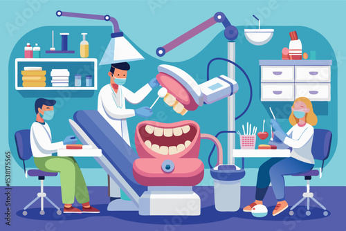 Dental clinic with professionals treating patients in a bright and modern environment
