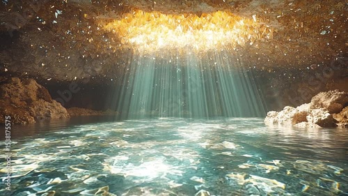 Sunlit cave oasis of clear water