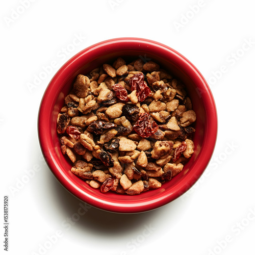 Dry cat food in a red bowl, isolated against a white background