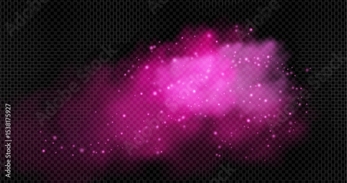 Pink smoke clouds with sparkle particles floating on transparent background. Magical fog effect with bright magenta mist and glowing stars. Fantasy atmosphere overlay for romantic or mystical design.