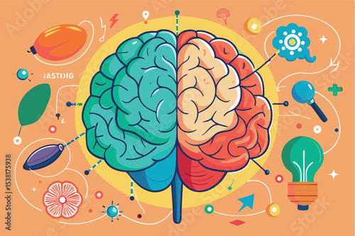 Creative illustration of a dual hemisphere brain showcasing cognitive functions and connections in a colorful design