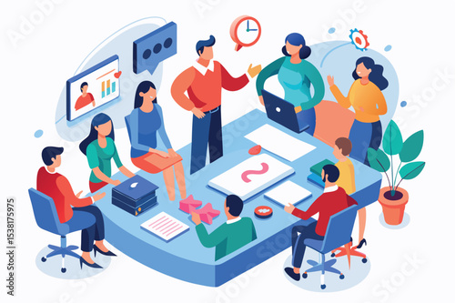 Group discussion in a modern office setting with diverse participants brainstorming ideas