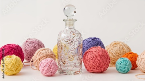 Colorful yarn balls with decorative glass bottle