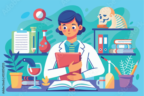 Scientist working in a laboratory surrounded by scientific equipment and books during the day