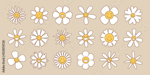 Retro daisy flower set in groovy style - white blooms with various petal shapes on beige background. Vintage botanical collection for hippie designs, 70s graphics or nostalgic decorative elements.