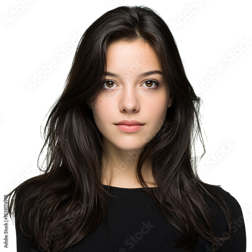 Young woman with long brown hair portrait isolated on transparent background