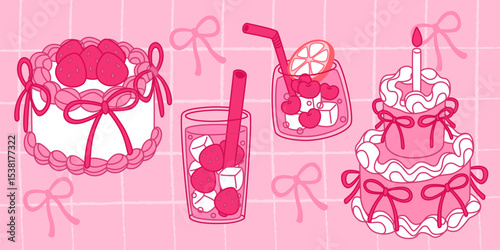 Vintage pink dessert collection with bow details - strawberry cake with ribbon, cherry drink glass with ice and straw, berry cocktail topped with citrus slice, layered bakery decorated with candle.