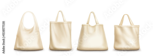Cream tote bag mockup set - canvas shopping sac with handles in different styles. Blank fabric shopper templates for branding, eco friendly reusable grocery carriers and fashion accessories design.