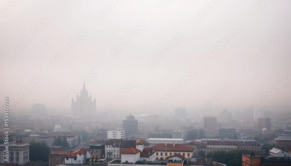 Fototapeta premium Thick smog obscures Milan's skyline, a hazy grey blanket , haze, milan