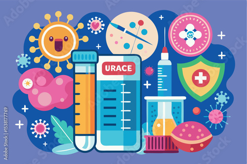 Colorful illustration of laboratory equipment and microorganisms in a scientific research setting