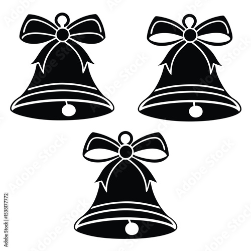 Elegant black christmas bells with bows silhouettes for festive holiday decorations