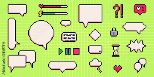 Pixel speech bubbles set on green grid background - retro 8 bit chat boxes, dialogue balloons with hearts, question marks and game UI element. Vintage message frames for arcade gaming interface design