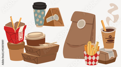 Takeaway paper package collection - brown kraft food containers with coffee cups, noodle boxes, french fries and delivery bags. Eco friendly disposable packaging for cafes and fast food service.