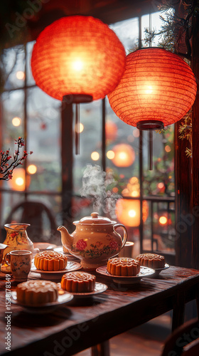 Moon cakes placed on indoor table during the Mid-Autumn Festival