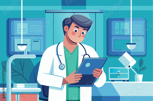 Doctor reviewing patient notes in a modern clinic environment during daytime