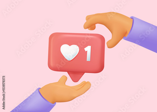 Digital marketing banner with hand giving like to another hand, concept of subscribers, posts, like, repost and comment. Social media marketing. 3d abstract creative artwork of arms holding like sign