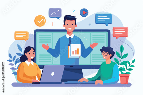 Business presentation online with engaged participants and charts