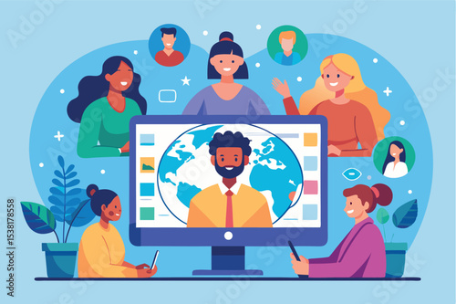 People engaging in an online meeting discussing global topics with digital elements