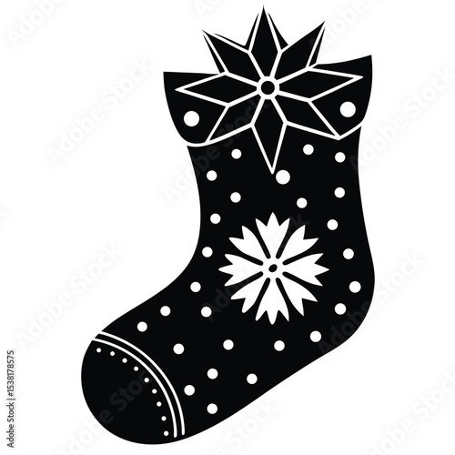 Festive black and white christmas stocking illustration with snowflake and polka dot decorations