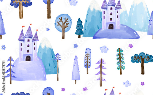 Seamless pattern with old castle, mountains, watercolor magic fairy forest. Tree background. Nature. Perfect for decor, wrapp, textile