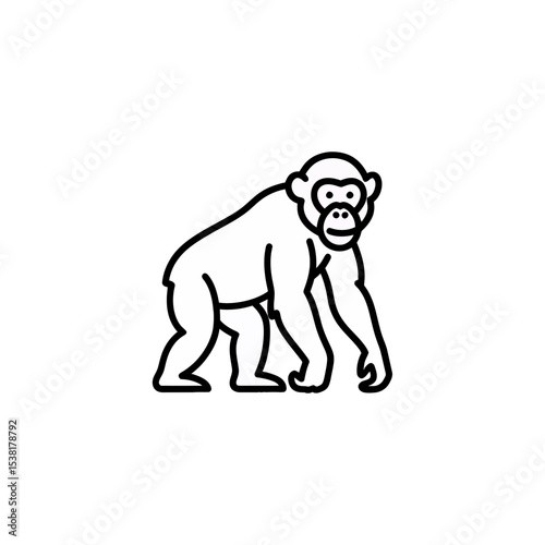 Minimalist Outline Illustration of a Chimpanzee Walking, Perfect for Educational Materials and Wildlife-Themed Designs, Isolated on a Clean White Background.