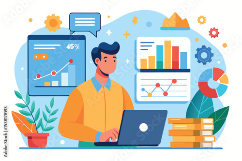 Business professional analyzing data reports while working on a laptop in a bright office environment
