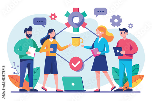 Collaboration and teamwork depicted in a colorful office environment with diverse individuals engaged in discussion