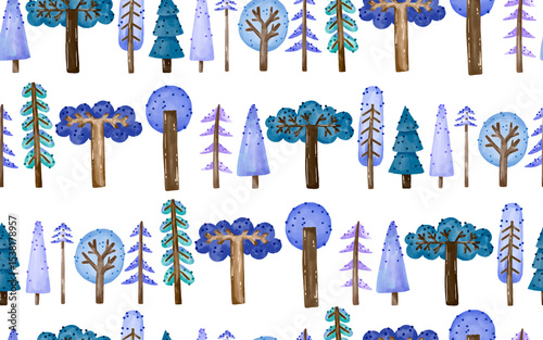 Seamless pattern with watercolor magic fairy forest. Tree background. Nature. Perfect for decor, wrapp, textile