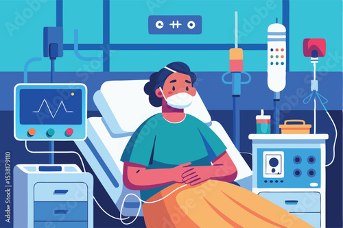 Patient sitting in hospital bed with medical equipment during recovery after a procedure