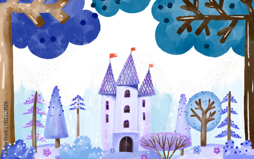 Watercolor landscape of fairy magic forest and old cartoon castle. Baby room wallart. Hand drawn illustration