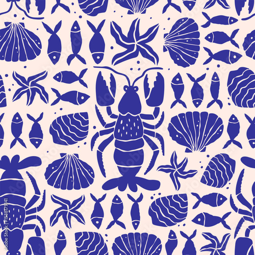 Seafood hand drawn seamless pattern with lobster, fish, and marine elements. Retro Mediterranean vibe in naive, monochrome style. Perfect for kitchen, restaurant menu, and summer design.