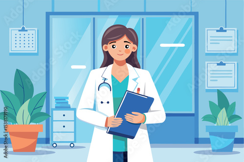 Health care professional in a clinic setting with plants and paperwork
