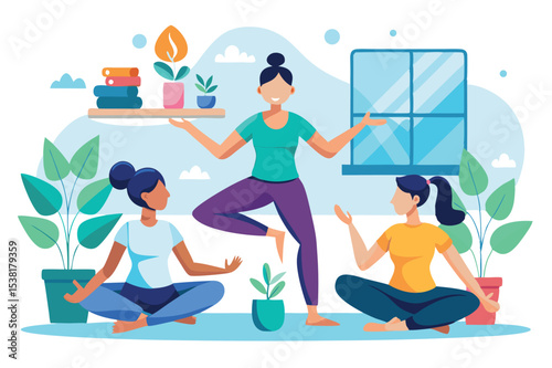 Yoga practice and relaxation in a bright indoor space with plants and decorative items enhancing wellness and mindfulness