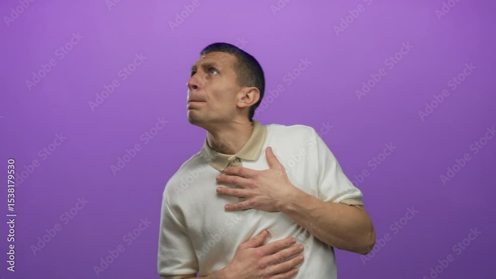 Caucasian man in white shirt holds chest with purple background, displaying emotion with isolated expression in studio setting, suggesting curiosity or surprise.