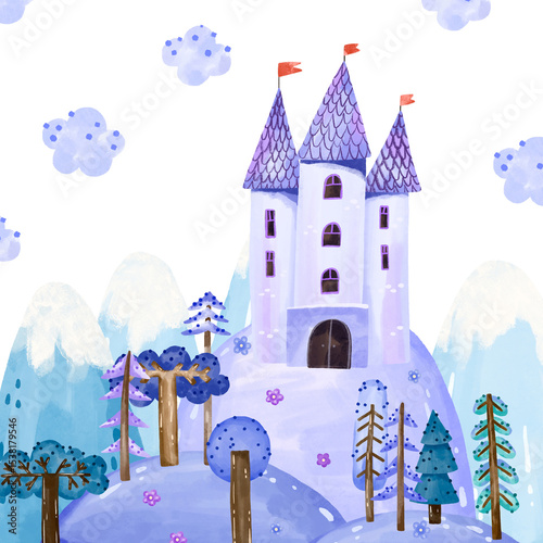 Winter fairy landscape with old castle , mountains and magic forest. Winter poster, card, banner. Nursery decor