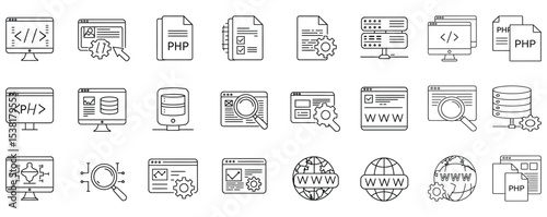Outline Icons of Web Development Elements Featuring PHP Files, Servers, and Global Networks