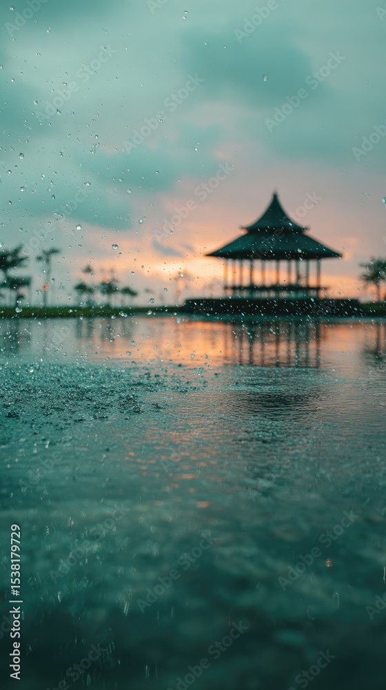 Obraz premium Blurred rain on a pond, pavilion at sunset